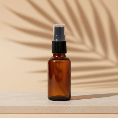 Amber Glass refillable Round Bottle with Mist Spray Pump