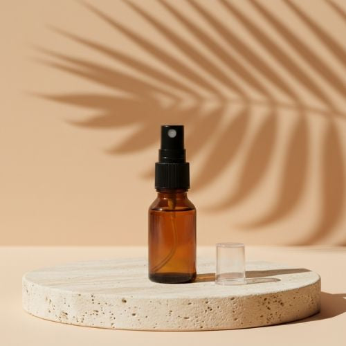 Amber Glass refillable Round Bottle with Mist Spray Pump