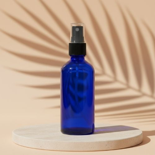 Blue Color Glass Refillable Round Bottle With Mist Spray Pump