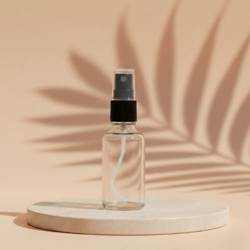 Clear Glass refillable Round Bottle with Mist Spray Pump